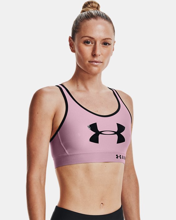 Damen Armour® Mid Sport-BH mit Schlüsselloch-Design und Grafik, Pink, pdpMainDesktop image number 0